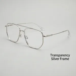 Detail of transparent silver double bridge glasses frames with metallic temples