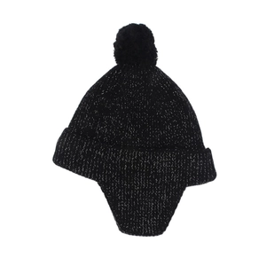 Detail of black winter knit earflap hat with silver metallic yarn and faux fur pompom