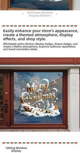 Detail of Christmas window stickers with 3D Merry Christmas text and festive motifs