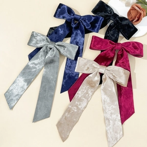 Elegant velvet bow hair clips in five colors with long ribbons for vintage styling