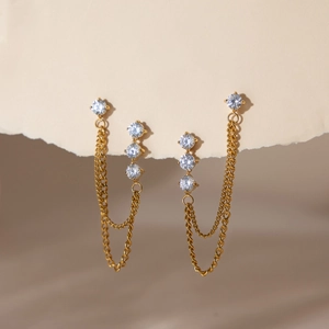 18K gold plated stainless steel chain drop earrings with white zircon tassels for women