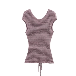 Mauve knitted two-piece set featuring a V-neck sleeveless top with drawstring hem