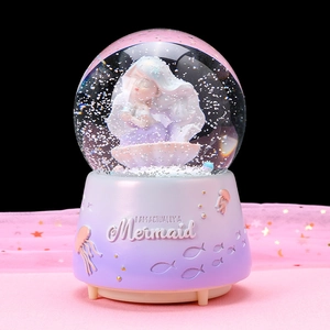 Crystal Ball Music Box Resin Glass Snow Globe With LED Lights Rotating Music Cartoon Style For Kids Girls Birthday Gift