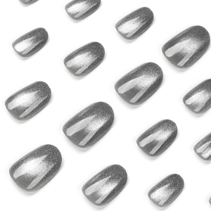 Short oval dark grey cat eye press-on nails with silver magnetic glitter effect