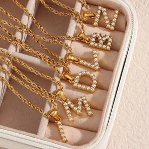 Initial Letter Pendant Necklace Stainless Steel 18K Gold Plated Inlaid Faux Artificial Pearl Twist Chain Fashion For Women