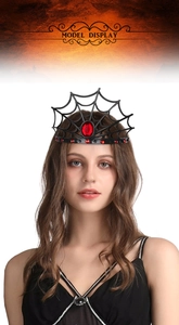 Detail of Halloween spider web crown with red rhinestones worn by a model