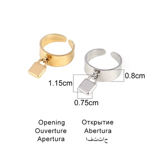 Adjustable padlock open rings in gold and silver finish with detailed dimensions