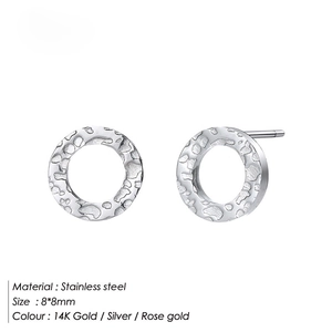 Minimalist 8mm hammered stainless steel round stud earrings in silver finish