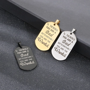 Dog tag style pendants in black, gold, and silver with laser-engraved Dad tribute message