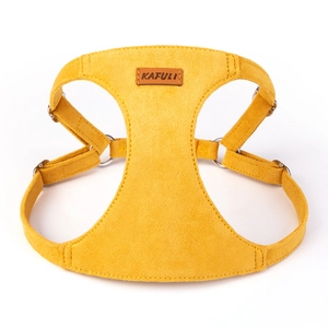 Ginger yellow suede dog harness with KAFULI leather patch and silver metal rings