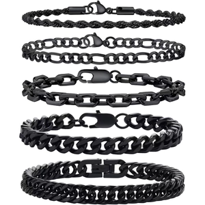 5-piece men's black stainless steel bracelet set featuring Cuban and Figaro chain styles