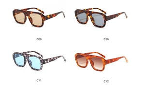 Comparison of square sunglasses frames in tortoiseshell and marble patterns with colored lenses