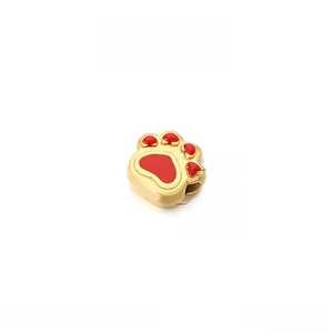 Detail of 15x14mm gold stainless steel pet paw pendant with red enamel and dimensions