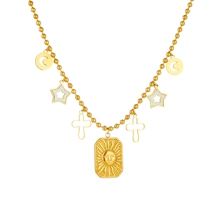 Gold beaded necklace with embossed sun tag, moon, star, and cross pendants