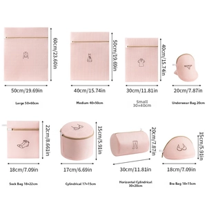 Size guide for Morandi mesh laundry bags showing dimensions for various sizes and styles