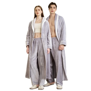 Thick lavender coral fleece robe and pants pajamas set for couples with white piping