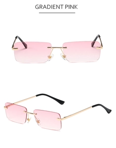 Detail view of rimless square sunglasses with gradient pink lenses and gold metal frames
