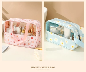 Detailed view of floral and butterfly print waterproof cosmetic bags with transparent windows