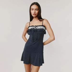 Sexy navy blue polka dot mini dress with lace trim and bow knot detail for women