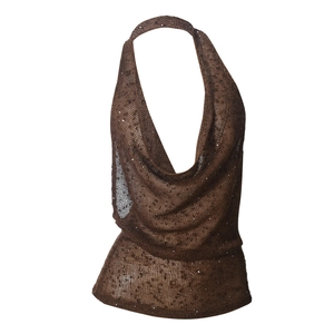 Detail of dark brown knit halter top featuring shiny silver sequins and sheer mesh texture