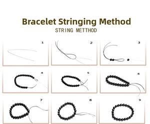 Step-by-step DIY tutorial showing 9 stages for threading black beaded bracelets with cord