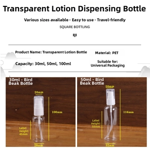 Size chart showing dimensions for clear PET plastic lotion pump bottles in 30ml and 50ml