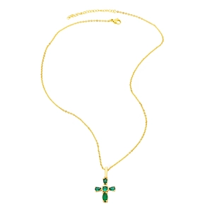 Close-up of gold cross necklace with marquise-cut green gemstones and lobster clasp