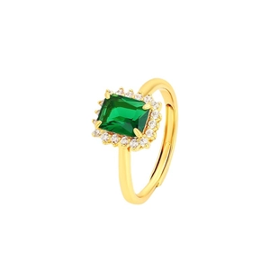 Luxurious gold open ring with rectangle emerald green gemstone and small diamonds
