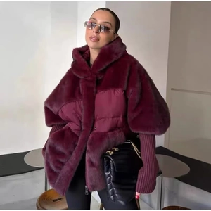 Burgundy faux fur patchwork jacket with ribbed knit cuffs and loose trendy winter fit