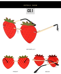 Detailed views of strawberry shaped sunglasses with green leaf accents and C0.1 color code