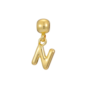 Detailed close-up of a 18k gold plated bubble letter N pendant with a glossy finish