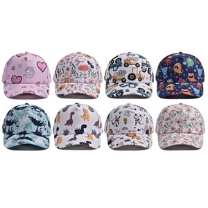 Grid view showcasing eight assorted children's baseball caps with dinosaur and unicorn prints