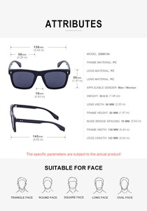 Detailed size specifications of retro square sunglasses showing dimensions and face suitability