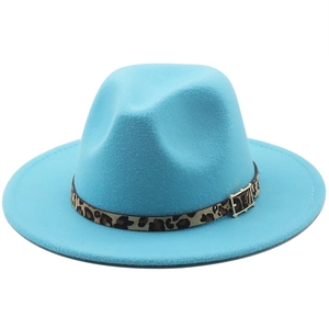 Detailed view of sky blue wool fedora with leopard print band and golden buckle