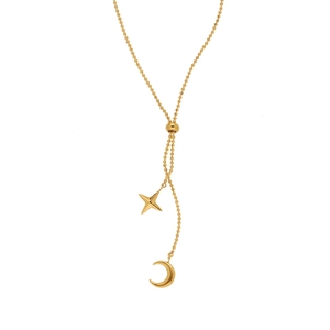 Polished gold plated star and crescent moon tassel pendant necklace on a bead chain