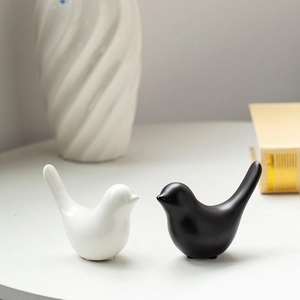 Minimalist ceramic bird figurines in black and white set for Nordic home desktop decor