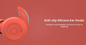 Close-up of non-slip silicone ear hook with blue indicator light on TWS earphone