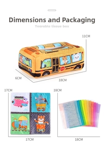 Detailed dimensions of yellow school bus plush tissue box with cloth books for babies