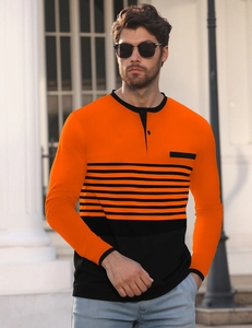 Detail of slim fit men's striped long sleeve Henley shirt with chest pocket