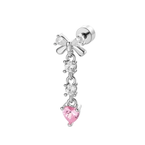 Silver bow earring with a pink heart pendant and clear round sparkling gemstones