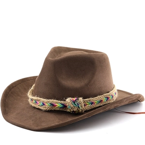 Western Cowboy Hat Faux Suede Wide Brim Ethnic Woven Band Sun Protection Vintage Fedora Unisex