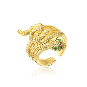 18K gold plated snake open ring with white cubic zirconia and green gem eyes