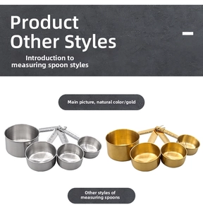 Detail of 4-piece measuring spoon sets in silver and gold brushed stainless steel