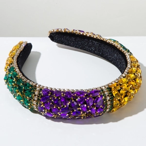 Close-up of luxury padded headband with multicolored rhinestones and marquise crystals