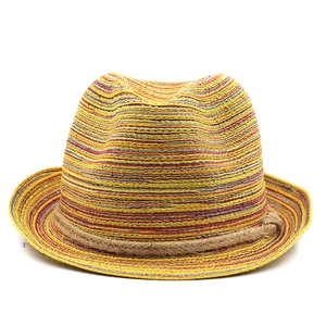 Colorful striped straw fedora sun hat with brown rope trim for beach and travel