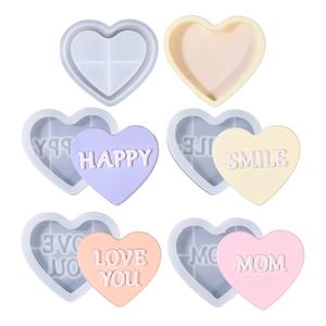 Stampo in silicone a cuore per resina o gesso fai-da-te con testi Happy e Smile
