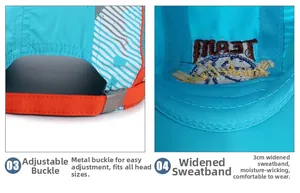 Detail of adjustable metal buckle and 3cm moisture-wicking sweatband on sports baseball cap