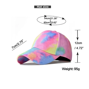 Detail showing colorful tie-dye patterns and fabric texture on a cotton baseball cap
