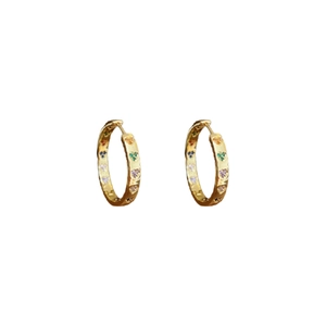 Golden hoop earrings featuring colorful heart-shaped zircon stones on a white background