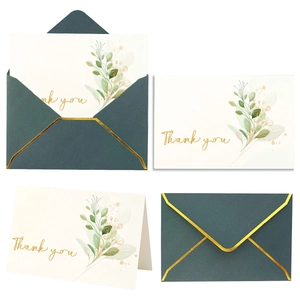 Elegant watercolor Thank You card set with gold foil foliage and green envelope